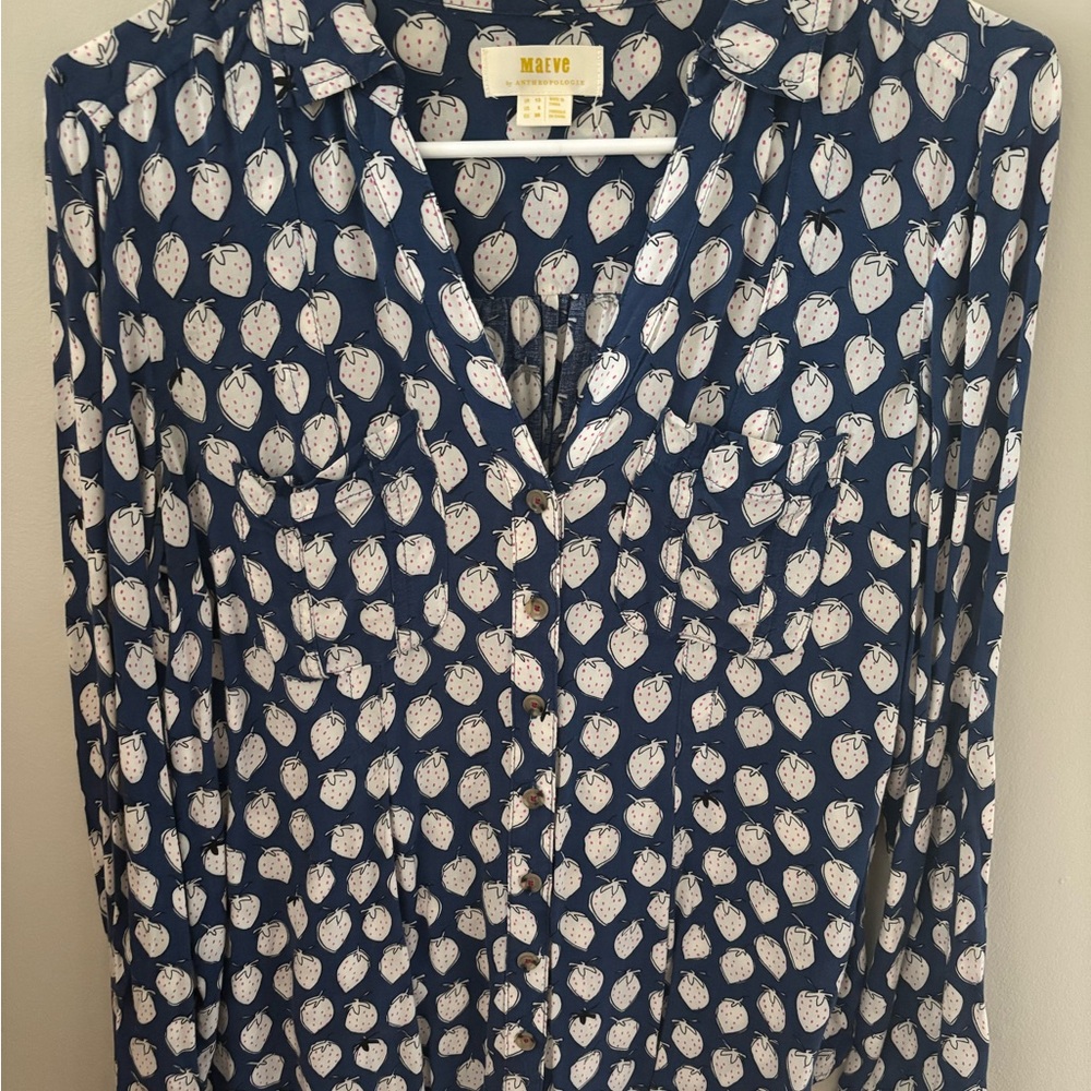 Maeve Blue and White Strawberry Blouse